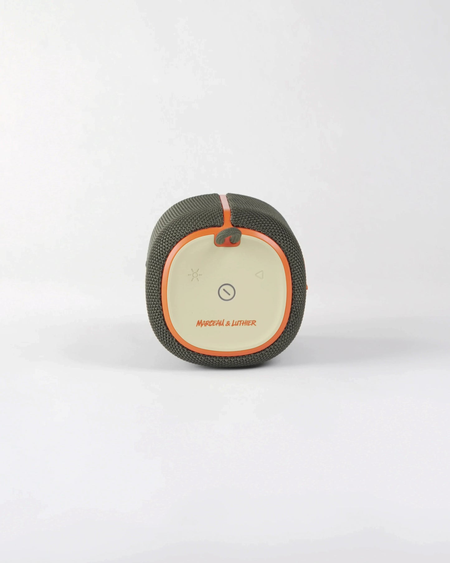 Top control interface of the Belleville speaker featuring touch icons and the Marceau & Luthier graffiti-style signature.