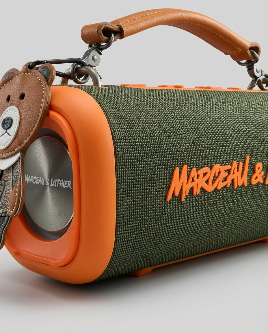 Primer plano del altavoz Nocturne donde se aprecia la textura de la malla verde, el logotipo naranja en relieve, el asa de cuero marrón y el radiador pasivo lateral plateado.