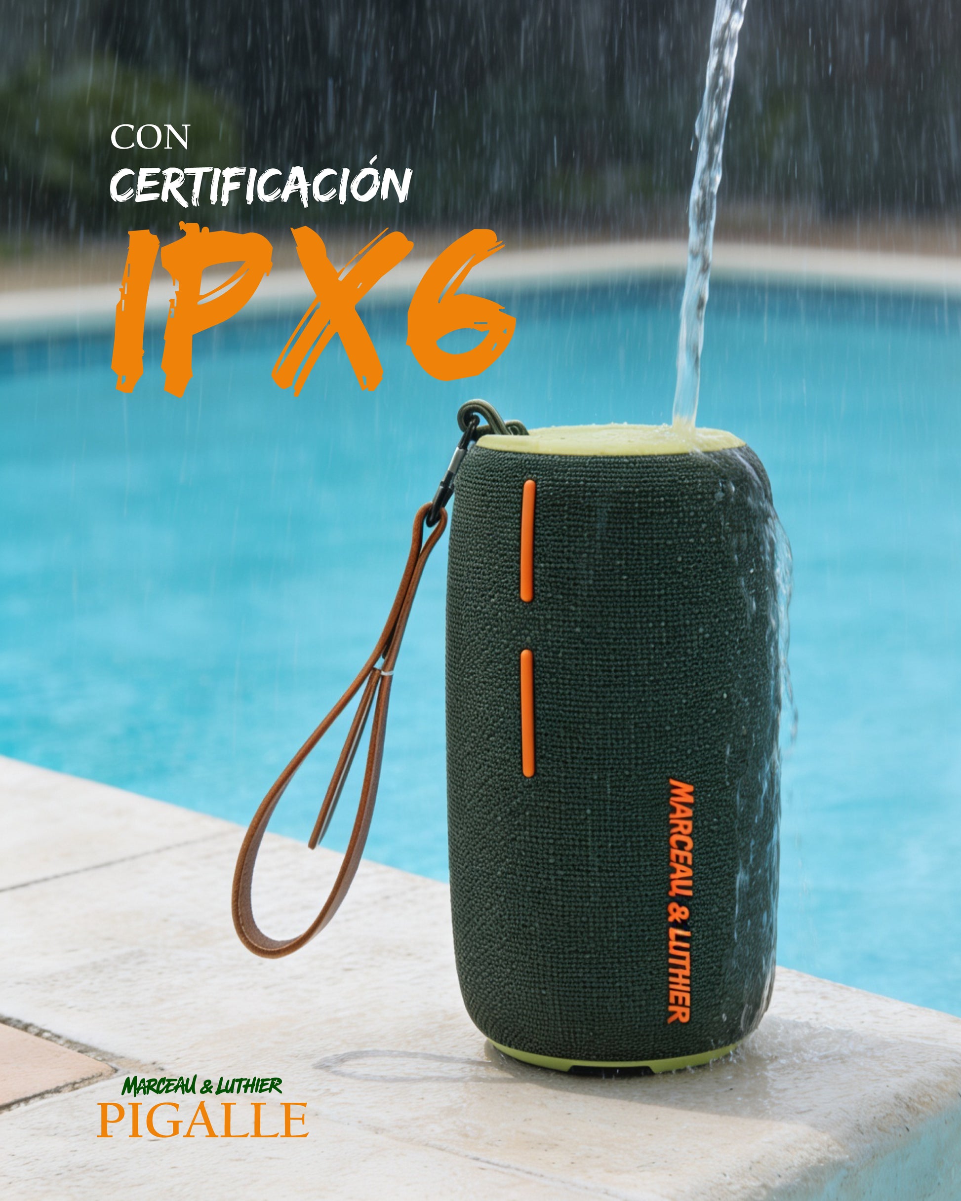 Marceau & Luthier Pigalle cylindrical portable speaker by a swimming pool, being sprayed with water to demonstrate its IPX6 waterproof capability.